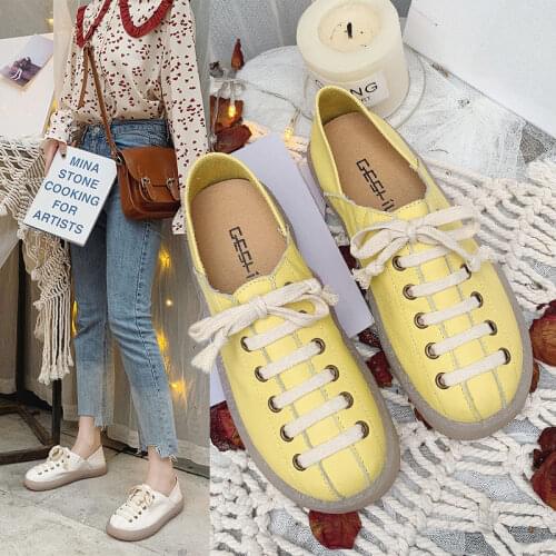 2021 Spring and Autumn New Fashion Womens Shoes Flat-bottomed Net Red Tie with Bean Shoes Womens Casual Womens Single Shoes