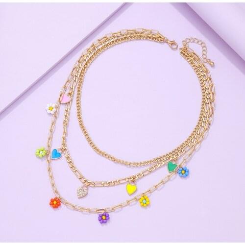 Origin Summer Bohemia Multi Layers Shiny Rhinestone Love Heart Flower Pendant Necklace for Women Girls Fashion Accessories