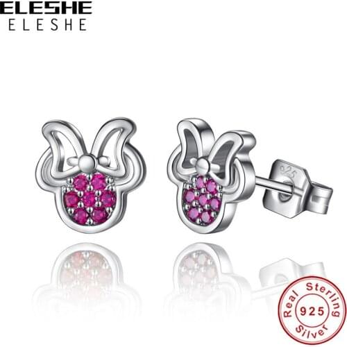 ELESHE Authentic 925 Sterling Silver Fine Earrings Purple Crystal Minnie Stud Earring for Women Wedding Party Jewelry Gift