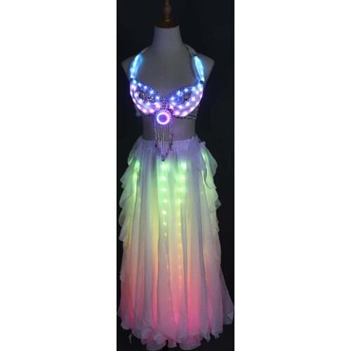 LED Color Lights Women Belly Dance Split Skirt Sexy Professional Bellydance Training Clothes Dancing Costumes