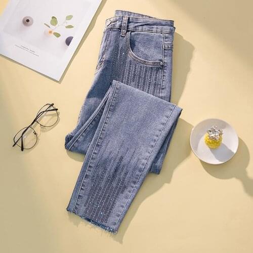 Oversized 4XL Sequins Patchwork Women Jeans Autumn New 2021 High Waist Pocket Solid Female Pencil Pants Top Quality