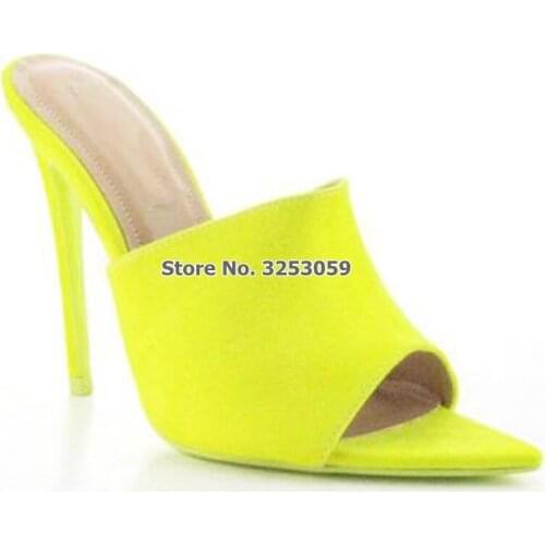 ALMUDENA Women Neon Yellow Suede High Heel Slippers Stiletto Heel Pointed Toe Slip On Dress Sandals Vogue Banquet Shoes Big Size