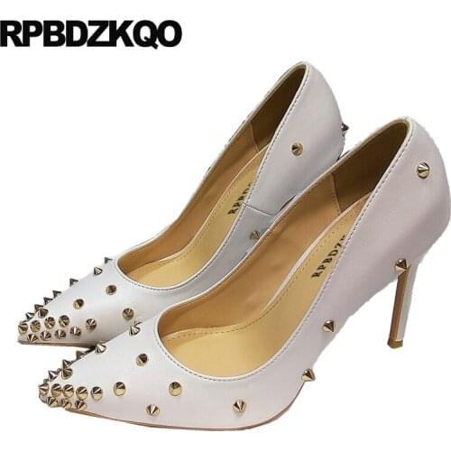 Stiletto Ladies Casual Ultra Super Big Size Stud Rivet White Pumps Luxury Brand Women Shoes 2021 Pointed Toe High Heels 8cm Chic