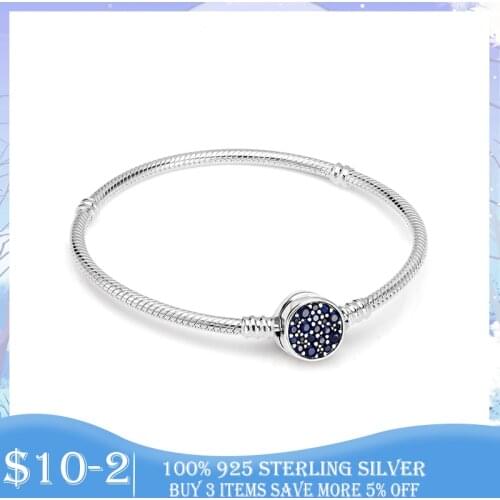 2021 Pulseira 925 Sterling Silver Bracelet Femme Moments Sparkling Blue Disc Clasp Snake Chain Bracelets Bangles Women Jewelry