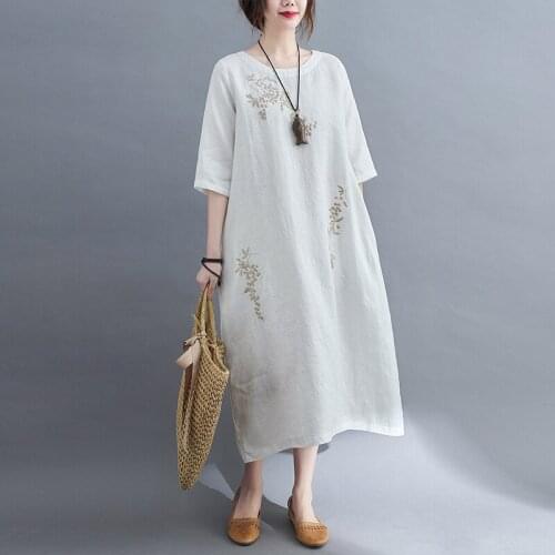 Chinese Style Cothes for Women Cotton High Quality Robe Summer Retro Large Ladies' Flower Embroidery Loose Sleeve Casual Dress