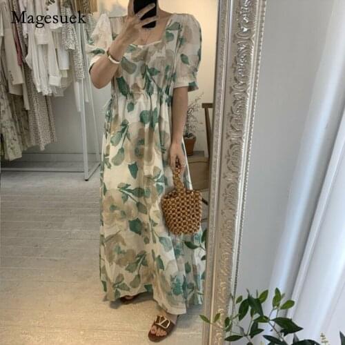 Cotton Square Collar Floral Dress for Women Vintage High Waist Loose Long Dress Chic Fashion Summer Women Dress Vestidos 14232