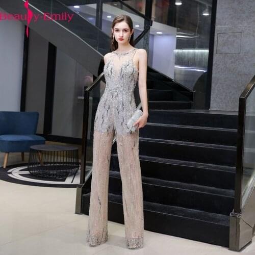 Beauty Emily Romantic O Neck Sleeveless Straight Evening Dress 2020 New Arrival Tulle Beaded Illusion Evening Wear Jumpsuits
