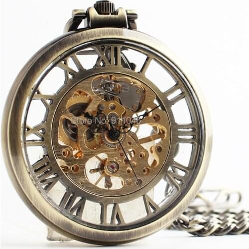 10pcs/lot Vintage Bronze Hollowed Roman Dial Mechanical Hand Wind Pocket Watch Antique Skeleton Men Pocket Watches Wholesale