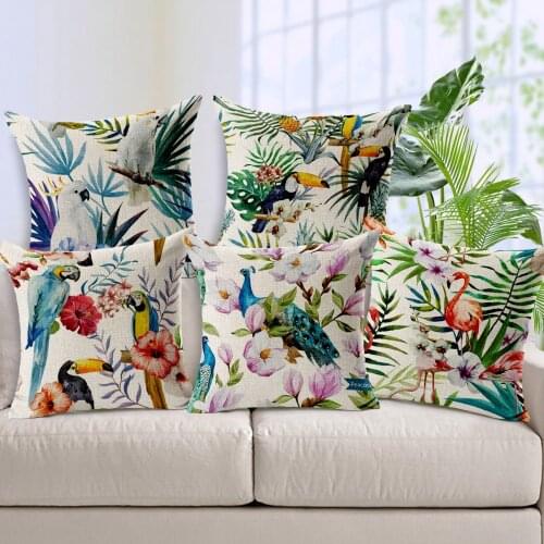 Tropical plants square shape pillow case Polyester animals parrot Polyester cushion cover for sofa home capa de almofada