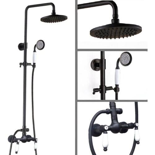Black Oil Rubbed Brass Dual Ceramic Handle Bathroom 8 Inch Round Rain Shower Faucet Set Bath Mixer Tap Hand Shower mrs474