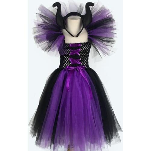 Girls Evil Queen Maleficent Witch Tutu Dress Kids Crochet Dress Ball Gown with Hairbow Children Halloween Party Costume Dresses