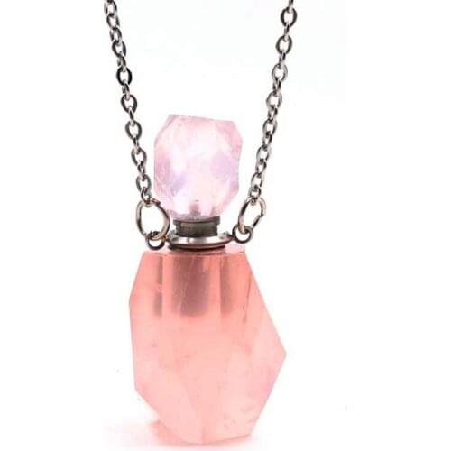 FYJS Unique Female Anniversary Gift Stainless Steel Irregular Shape Perfume Bottle Pendant Natural Rose Pink Quartz Necklace
