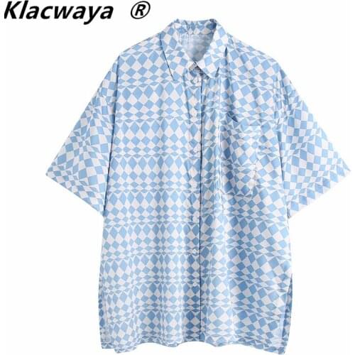 Klacwaya Za Blue Geometric Print Women Shirt 2021 Short Sleeve Collared Button Up Oversized Shirt Woman Casual Summer Blouse