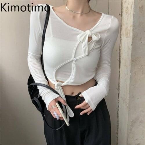 Kimotimo Summer Two Piece Set Women Korean Fashion Design Belt Long Sleeve Solid Short T-shirt + All-match Small Vest Vestidos