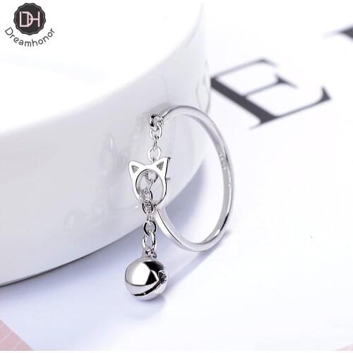 Dreamhonor 925 Sterling Silver Cute Cat Bell Ring For Women Girl Adjustable Rings Jewelry