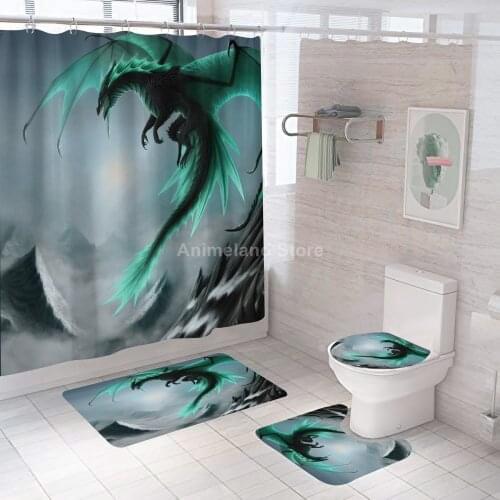 Fashion Dragon Animal Shower Curtains Cool Bathroom Curtain Bath Set Toilet Cover Mat Non-Slip Washroom Rug Set Modern 180x180cm