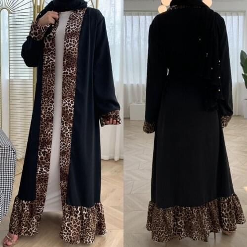 Muslim Leopard Ruffled Patchwork Abaya Kimono Cardigan Robe Islamic Women Wrap Dress Dubai Party Kaftan Gown Jilbab Vestidos