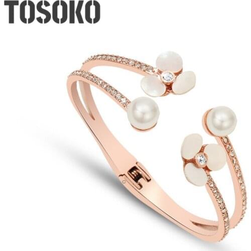 TOSOKO Stainless Steel Jewelry Hand Polished Shell Fower Open Bracelet Zircon Pearl Inlaid Open Bracelet BSZ217