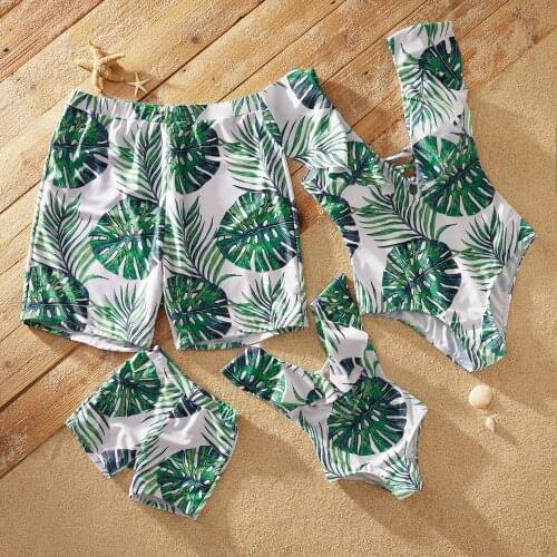 PatPat 2021 New Summer Ruffle-sleeve Tropical Plant Print Matching Swimsuits