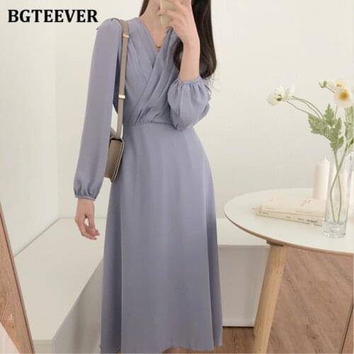 BGTEEVER Elegant V-neck Women A-line Chiffon Dress Slim Waist Lace-up Female Midi Dress 2021 Spring Full Sleeve Vestidos Femme