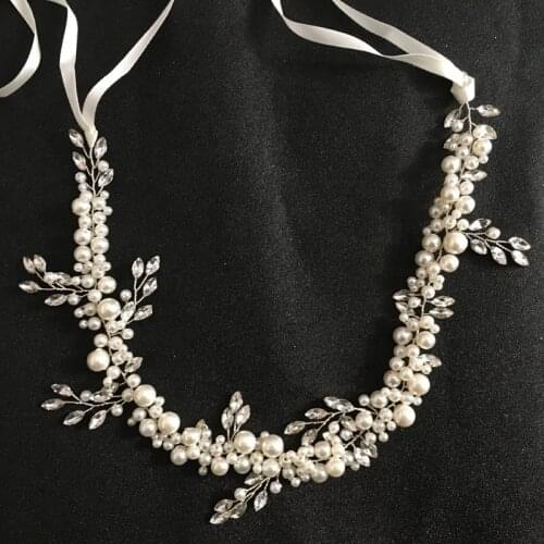 SLBRIDAL Handmade Ribbon Crystals Pearls Women Wedding Jewelry Headpieces Headband Bridal Hair Vine Hair accessories Bridesmaids