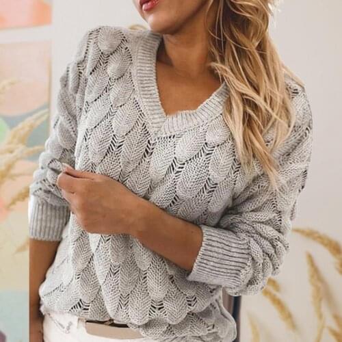 2021 Fashion Trend Women Knitted Sweater Spring Autumn Hollow Out Feather Pattern Long Sleeve V-neck Pullover Casual Tops