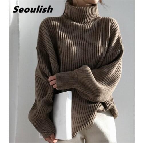 Seoulish 2021 New Winter Vintage Turtleneck Womens Sweater Elegant Solid Long Sleeve Casual Ladies Knitted Pullover Female
