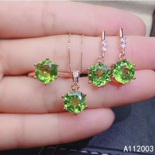 KJJEAXCMY Fine Jewelry 925 sterling silver inlaid natural Peridot ring pendant earring set luxury supports test