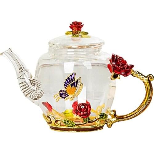 Glass Teapot - Enamel Rose Flower Butterfly Decoration Heat Resistant Glass Tea 37MF