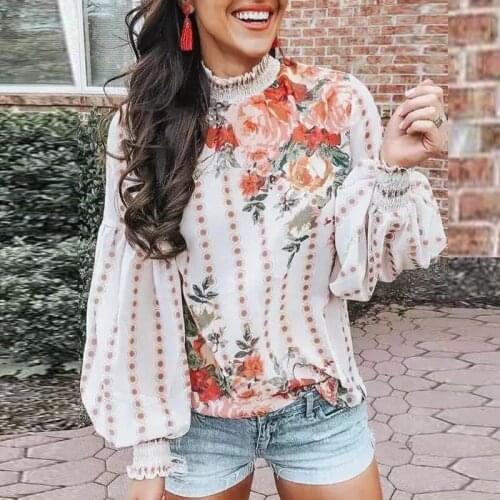 Loose Fashion Lantern Sleeve Top Ladies Flower Print High Neck Long Sleeve Blouse 2021 Elegant Female Shirt Oversized Top S-2XL