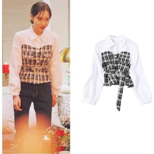 Korean Drama Penthouse2 김소연 Plaid Patchwork Shirt Women Elegant Long Sleeve Blouse With Belt Streetwear blusas mujer L763