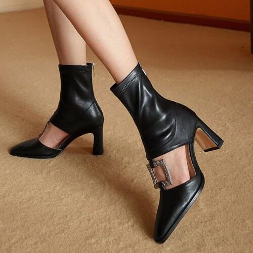 Womens Pointed Toe Ankle Boots Cut Out Rhinestones Square Circle Buckle High Heel Shoes Real Leather Black White New 2022