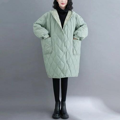 Plus Size Coats Women Wadded Jacket Plaid Oversize Cardigan Parka Long Cotton-Padded Hooded Oversize Female Windbreaker Outwear