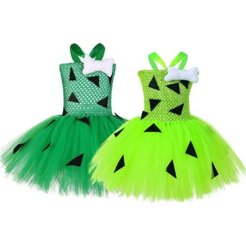 2021 Green Yellow Flinstones Pebbles Tutu Dress Halloween Costume for Girls Kids Carnival Bone Dresses Outfit for Birthday Party