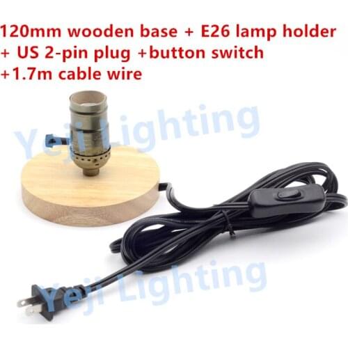 Free shipping Edison retro lamp holder wooden base E26 E27 lamp holder with US 2-PIN plug button switch Lighting Accessories DIY