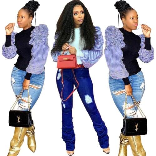 DN8337Cute temperament commuter sexy tight-fitting thread pit strip color block stitching puff sleeve womens top