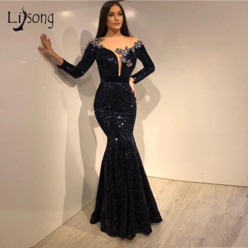Elegant Navy Blue Sequined Mermaid Prom Dresses Full Sleeves Appliques Beaded Floral Long Prom Gowns Formal Dress 2020