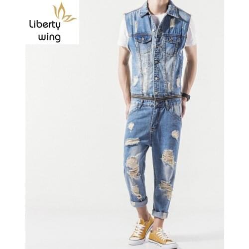 Mens Summer New Sleeveless Denim Jumpsuit Casual Cowboy Slim Fit Hole Ripped Romper Jeans Pants Male Zip One Piece Bib Overalls
