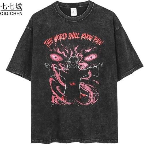 Anime Pain Printed T Shirt Men Retro Washed 100% Cotton Tops Tees Harajuku Tshirt 2021 Streetwear Hip Hop Harajuku Male T-shirts