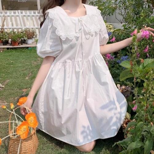 Summer Japanese Girl White Dress Cute Peter Pan Collar High Waist Lace Princess Dress Vintage Kawaii Sweet A-Line Women Dresses