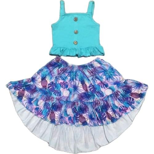Summer Baby Girls Solid Aqua Top with Pineapple Print Skirt Kids Boutique Clothes