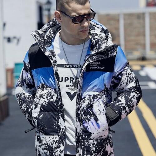 Winter Cotton Padded Thick Jacket Hooded Men Short Warm Fashion Bright Coat Relaxed Style Down Parka Digital Printing Outerwear