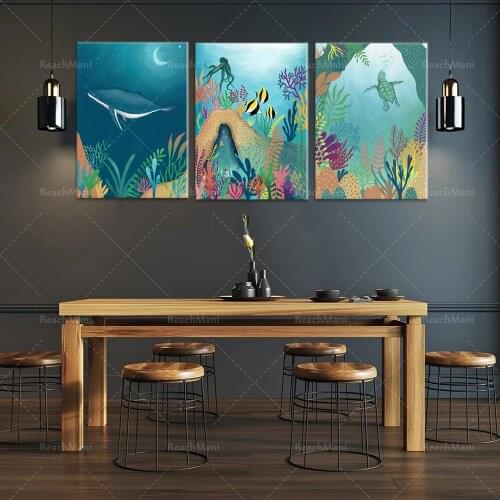 Ensemble de 3 imprimés d’art de pépinière nautiques (fr) Impression de baleines Décor de pépinière d’océans (en anglais) Art de