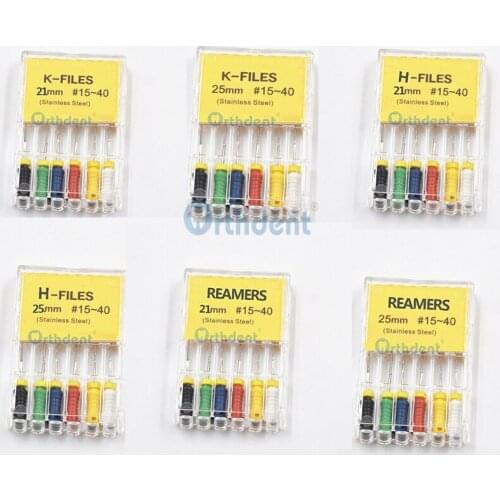 Orthdent 6 Pcs/Pack Dental Flies Stainless Steel Assorted #15-45 Endo Root Canal H K R File 21/25 Mm Hand Use Assorted Size