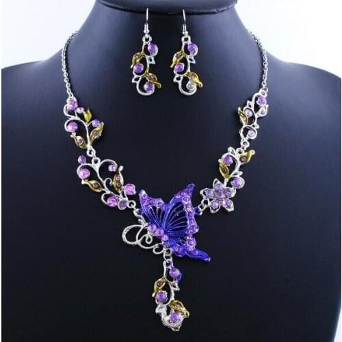 6 Colors Women Butterfly Flower Rhinestone Pendant Statement Necklace Fashion Jewelry Bridal Wedding Dress