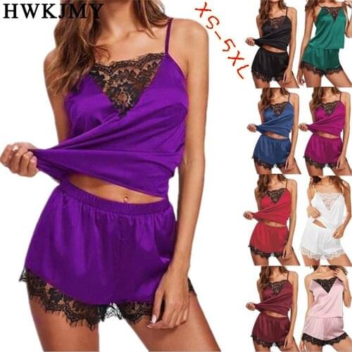 Sexy Fashion Women Lace V Neck Pajamas Set Lingerie Sleeveless Nightwear Spaghetti Strap Vest + Short Pants Sleeping Wear