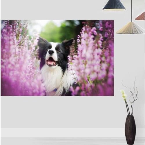 Modern Cute Dog In Flowers Poster Paintings For Living Room Wall Art Silk Fabric Cloth Decoration Poster For Children Gift
