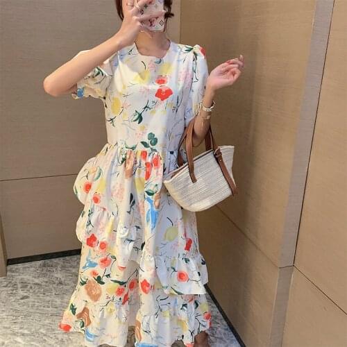 Korean Style Loose Floral Lantern Sleeve Ruffled Fishtail Dress Women 2021