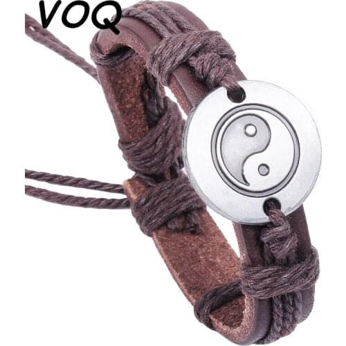 VOQ New Chinese Style Tai Chi Charms Bracelets for Couple Gift Leather Cord Braid Adjustable Bracelet Bangel Vintage Jewelry