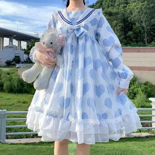 Japanese-Style Navy Op Long-Sleeved Mesh Soft Sister Ruffles Dress Women Spring and Autumn kawaii clothing sweet lolita dress